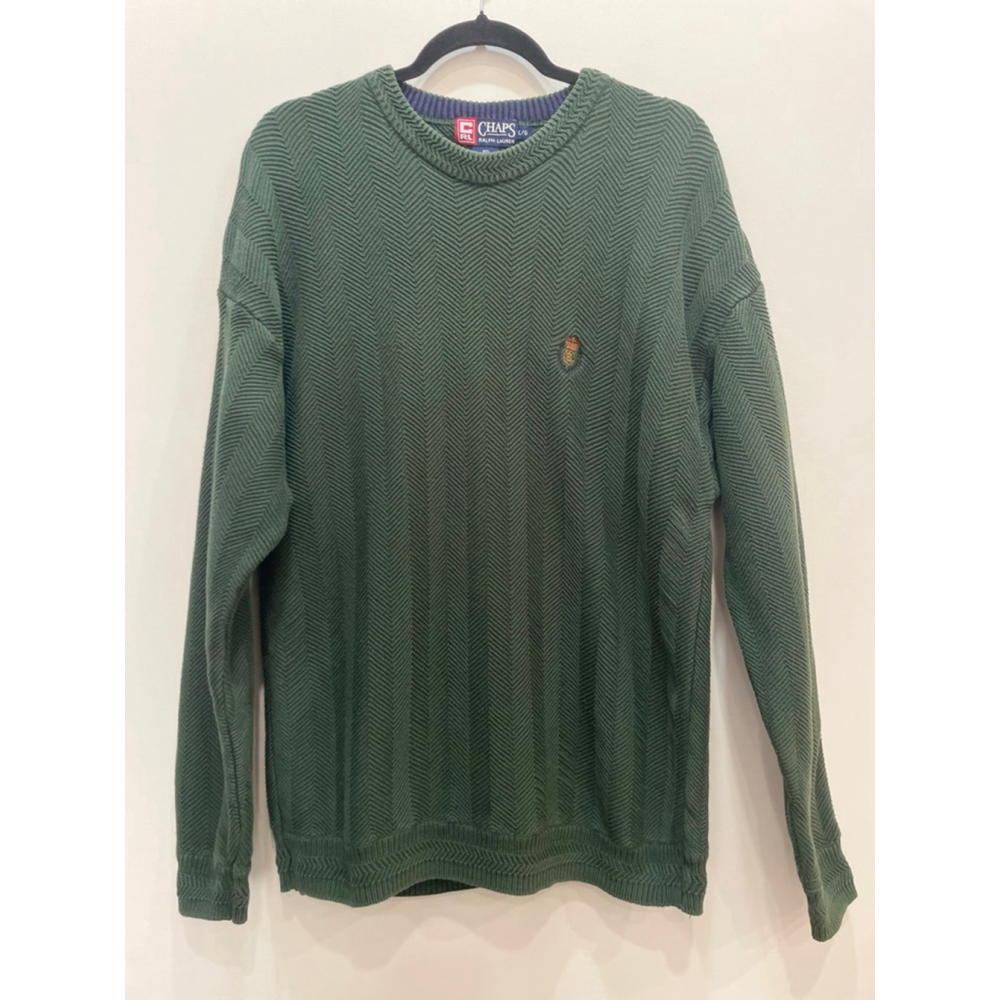 Vintage 90s Chaps Ralph Lauren Men Green Herringbone Knit Sweater Crest Preppy